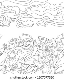 Seamless pattern with japanese carps. Tile background for your design, fabric textile, wallpaper or wrapping paper. Beautiful doodle fish and plants