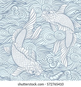 Seamless pattern with Japanese carps and traditional Japanese style with lotus. Stock vector illustration.
