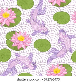 Seamless pattern with Japanese carps and traditional Japanese style with lotus.
