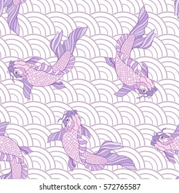 Seamless pattern with Japanese carps and traditional Japanese style with lotus. Stock vector illustration.
