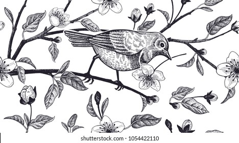 Seamless pattern with Japanese cherry and bird sketch. Vector. Black and white.