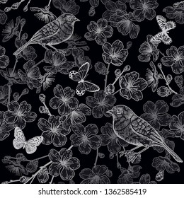 Seamless pattern with Japanese cherry, bird and butterflies. Illustration of spring nature. Vector sketch. Black and white. Vintage.