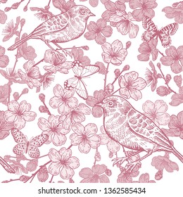 Seamless pattern with Japanese cherry, bird and butterflies. Illustration of spring nature. Vector sketch. Red and white. Vintage.