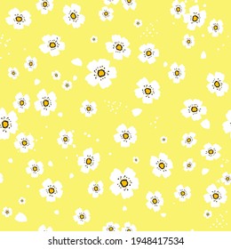 Seamless pattern with Japanese cherry blossoms. Delicate floral spring, summer ornament on a yellow background. Vector graphics.