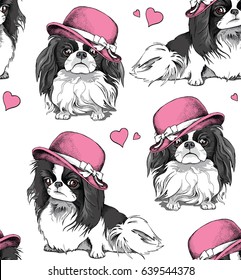 Seamless pattern with a Japanese Chin dog in a pink Ladies hat. Vector illustration.