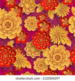 Seamless pattern with  Japanese, chinese and asian elements.