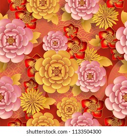 Seamless pattern with  Japanese, chinese and asian elements.