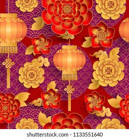 Seamless pattern with  Japanese, chinese and asian elements.