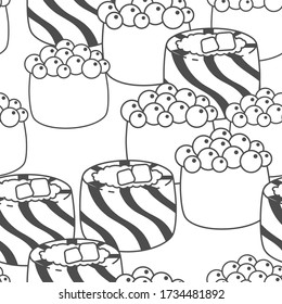 seamless pattern with japanese and chinese food. sushi and rolls template. black and white linear style. Modern design for packaging, menu, paper, cover, fabric, interior decor