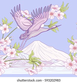 Seamless pattern with Japanese crane and chrysanthemum in Japanese style. Vector stock illustration.