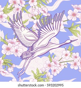 Seamless pattern with Japanese crane and chrysanthemum in Japanese style. Vector stock illustration.