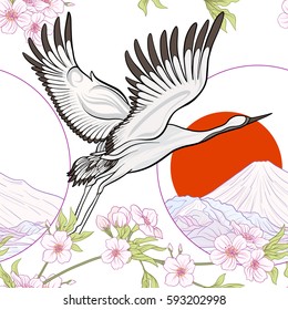 Seamless pattern with Japanese crane and chrysanthemum in Japanese style. Vector stock illustration.
