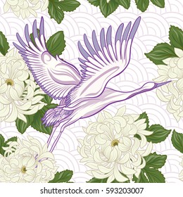 Seamless pattern with Japanese crane and chrysanthemum in Japanese style. Vector stock illustration.