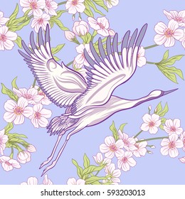 Seamless pattern with Japanese crane and chrysanthemum in Japanese style. Vector stock illustration.