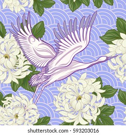 Seamless pattern with Japanese crane and chrysanthemum in Japanese style. Vector stock illustration.
