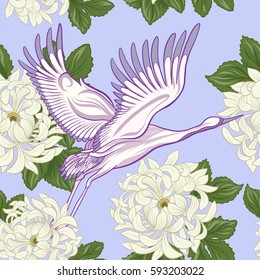 Seamless pattern with Japanese crane and chrysanthemum in Japanese style. Vector stock illustration.