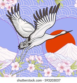 Seamless pattern with Japanese crane and chrysanthemum in Japanese style. Vector stock illustration.