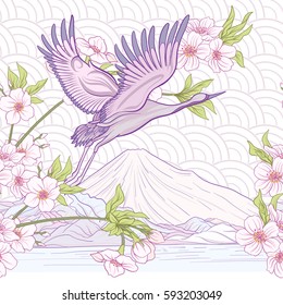 Seamless pattern with Japanese crane and chrysanthemum in Japanese style. Vector stock illustration.