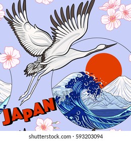 Seamless pattern with Japanese crane and chrysanthemum in Japanese style. Vector stock illustration.