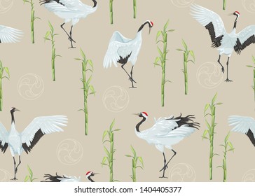 Seamless pattern with japanese cranes and bamboo