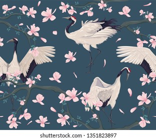 Seamless pattern with japanese cranes and blooming magnolia