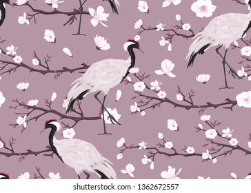 seamless pattern with japanese cranes and blooming magnolia
