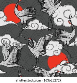 Seamless pattern with Japanese cranes, clouds and red sun
