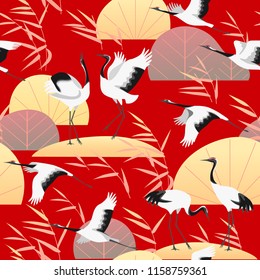 Seamless pattern with Japanese cranes, golden reed and plants on red background. Endless texture decoration in oriental style with simple elements of autumn plant and birds. Vector flat illustration.