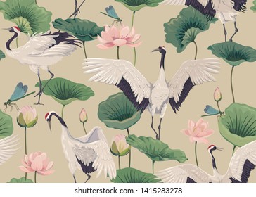 Seamless pattern with japanese cranes and lotus flowers