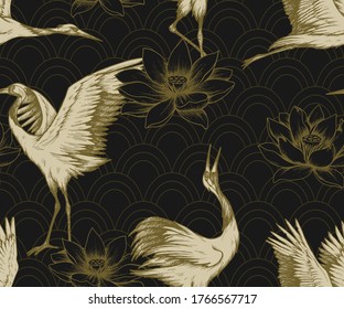 Seamless pattern with japanese cranes and lotuses. Hand drawn
