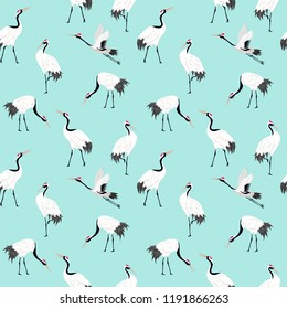 Seamless Pattern with Japanese Cranes, Retro Bird Background, Fashion Print, Birthday Japanese Decoration Set. Vector Illustration