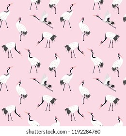Seamless Pattern with Japanese Cranes, Retro Bird Background, Fashion Print, Birthday Japanese Decoration Set. Vector Illustration