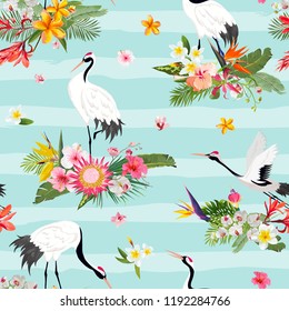 Seamless Pattern with Japanese Cranes, Retro Bird Background, Fashion Print, Birthday Japanese Decoration Set. Vector Illustration