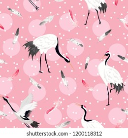 Seamless Pattern with Japanese Cranes and Tropical Flowers, Retro Bird Background, Floral Fashion Print, Birthday Japanese Decoration Set. Vector Illustration