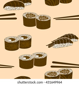 seamless pattern japanese cuisine silhouette sushi with caviar and fish