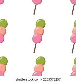 Patrón sin foco con el dango japonés sobre un palo. Ilustración vectorial plana. La comida asiática.