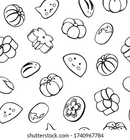 Nahtlose Muster mit japanischen Desserts, Süßspeisen: mochi, wagashi. Handgezeichnete Vektor-Illustration im Skizzastil. Perfekt für Grüße, Einladungen, Herstellung von Verpackungspapier, Textilien und Webdesign