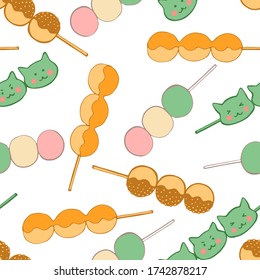 Seamless pattern with  Japanese desserts, sweets dango. Hand drawn vector illustration in sketch style. Perfect for greetings, invitations, manufacture wrapping paper, textile and web design.