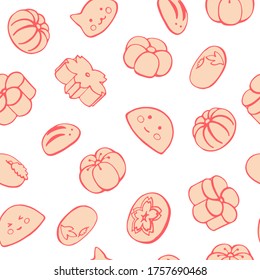 Patrón inmaculado con postres japoneses, dulces: mochi, wagashi. Ilustración vectorial dibujada a mano en estilo de esbozo. Perfecto para saludos, invitaciones, papel de envoltura de fabricación, diseño textil y web
