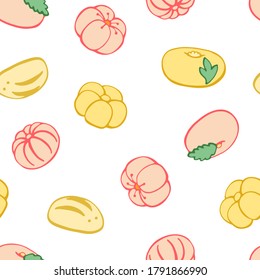 Seamless pattern with  Japanese desserts, sweets: mochi, wagashi. Hand drawn vector illustration in sketch style. Perfect for greetings, invitations, manufacture wrapping paper, textile and web design