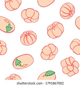 Nahtlose Muster mit japanischen Desserts, Süßspeisen: mochi, wagashi. Handgezeichnete Vektorgrafik im Skizzenstil. Perfekt für Grüße, Einladungen, Herstellung von Verpackungspapier, Textilien und Webdesign