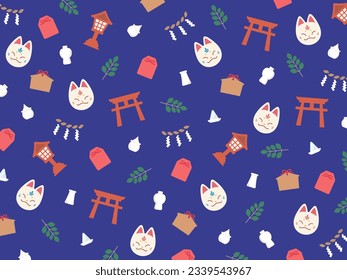 Seamless pattern with japanese elements. Fox gods and tools related to gods. Vector illustration.