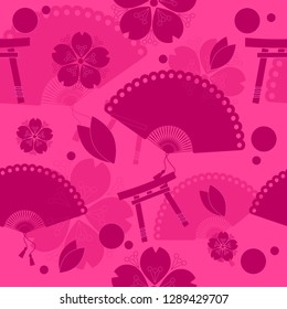 Seamless pattern with japanese elements. Openwork fan, sakura flowers and pagoda