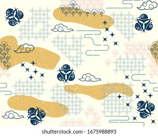 Seamless pattern with Japanese elements.Traditional Asian pattern in Japanese style, pattern for printing on packaging, vector illustration.
