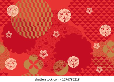 Seamless pattern with Japanese Family Crests symbol. KAMON (家紋) are Japanese emblems used to decorate and identify an individual. Traditional Asian pattern in Japanese style.