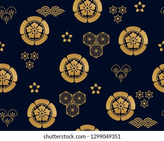 Seamless pattern with Japanese Family Crests symbol. KAMON (家紋) are Japanese emblems used to decorate and identify an individual. Traditional Asian pattern in Japanese style.For printing on packaging.