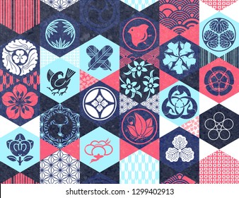 Seamless pattern with Japanese Family Crests symbol. KAMON (家紋) are Japanese emblems used to decorate and identify an individual. Traditional Asian pattern in Japanese style.