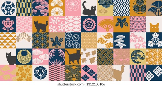 Seamless pattern with Japanese Family Crests symbol. KAMON (家紋) are Japanese emblems used to decorate and identify an individual. Traditional Asian pattern in Japanese style.