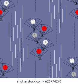 Seamless pattern from Japanese fans on a blue glaucous background. A simple drawing in a minimalist style. Universal print for fabrics, textiles, wallpapers, wrapping paper. Vector illustration EPS8