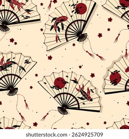 Seamless pattern with Japanese fans. Vintage style.